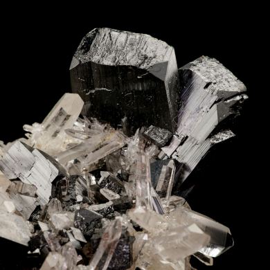 Quartz with Hubnerite on Pink Fluorite