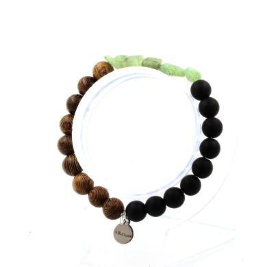 Green Apatite from Madagascar + Matte Black Onyx + wood Bracelet 8 mm Beads.