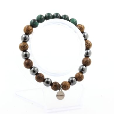 Malachite from Congo + Hematite + wood 8 mm beads Bracelet.