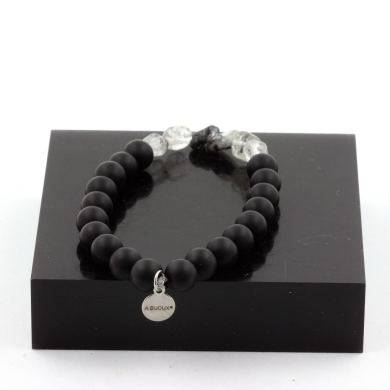 Quartz with Tourmaline inclusions from Brazil + Matte Black Onyx Bracelet 8 mm Beads.
