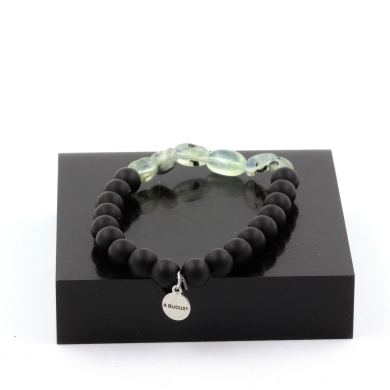 Prehnite from Canada + Matte Black Onyx Bracelet 8 mm Beads.