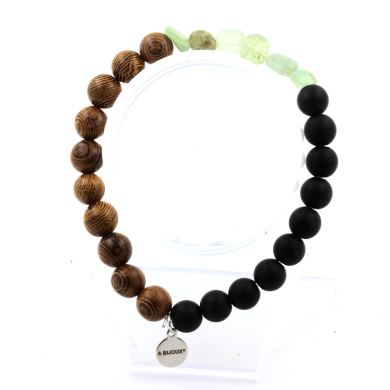 Green Kyanite from Brazil + Matte Black Onyx + wood Bracelet 8 mm Beads.