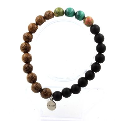 Malachite from Congo + Unakite + Matte Black Onyx + Wood Bracelet 8 mm Beads.