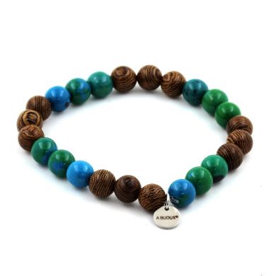 Wood + Chrysocolla Bracelet 8 mm Beads.