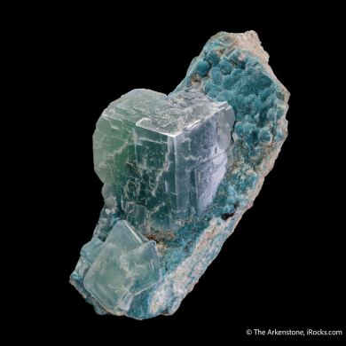 Calcite included by Malachite on Plancheite