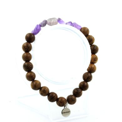 Amethyst from Brazil + wood Bracelet 8 mm Beads.