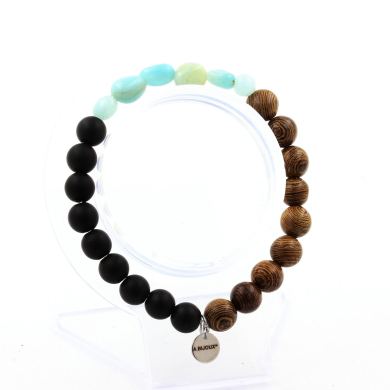 Amazonite from Brazil + Matte Black Onyx + wood Bracelet 8 mm Beads.