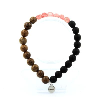 Strawberry Quartz from Madagascar + Matte Black Onyx + wood Bracelet 8 mm Beads.