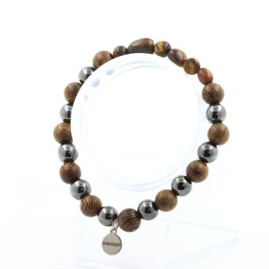 Tiger's Eye from South Africa + Hematite + wood 8 mm beads Bracelet.