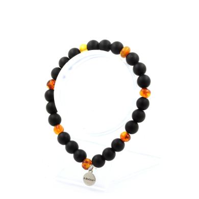 Genuine Baltic Sea Amber Beads + Matte black Onyx Bracelet 8 mm Beads.