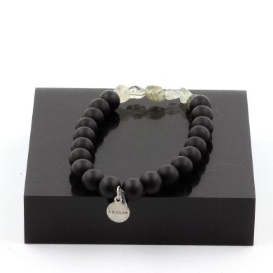 Rutilated Tourmaline Quartz from Brazil + Matte black Onyx Bracelet 8 mm Beads.