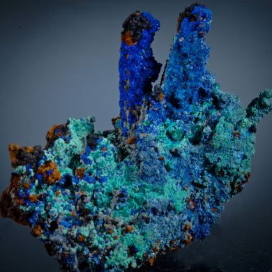 Azurite stalactites with Malachite and Hematite